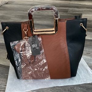 NWT DS Bags Two Tone Vegan Leather Tote Acrylic Handles & Shoulder Strap